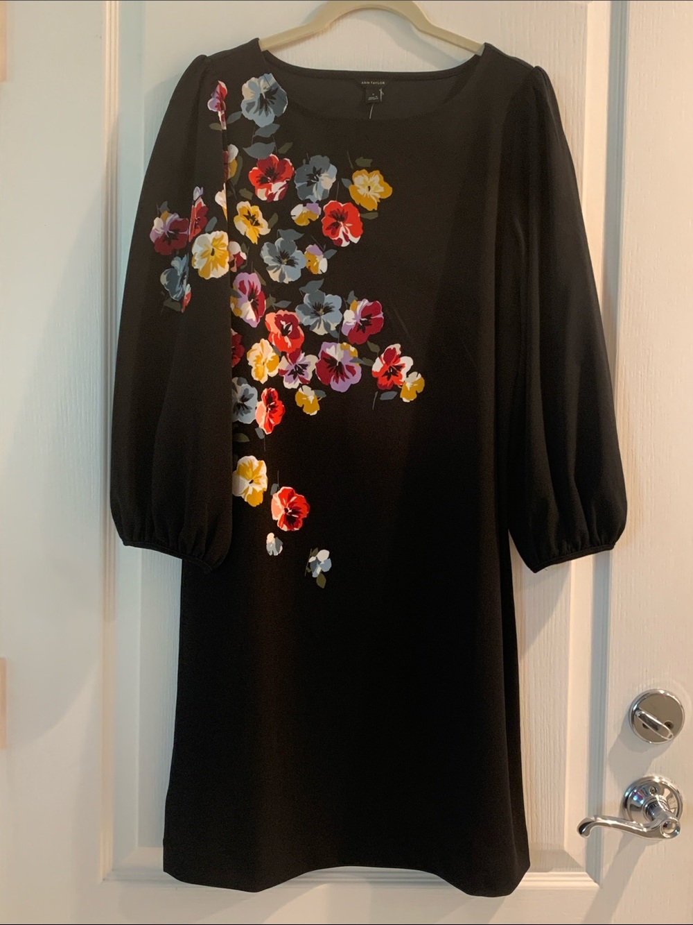 NWT Ann Taylor Black Midi Dress with Multicolor Floral Print Size S